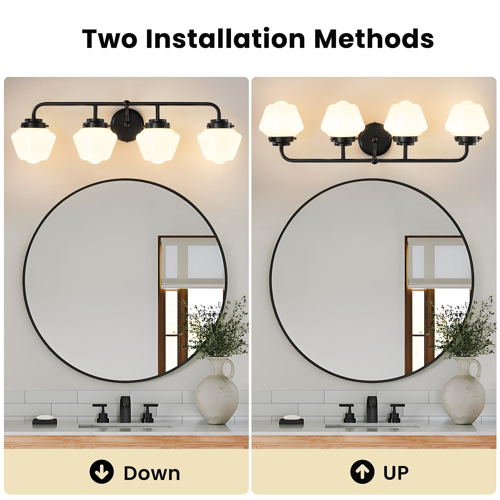 Bathroom Vanity Light Fixtures 4-Lights Black Vanity Lights Over Mirror, E26 40W Modern Bathroom Lighting Fixture with Milky White Glass for Bath Restroom