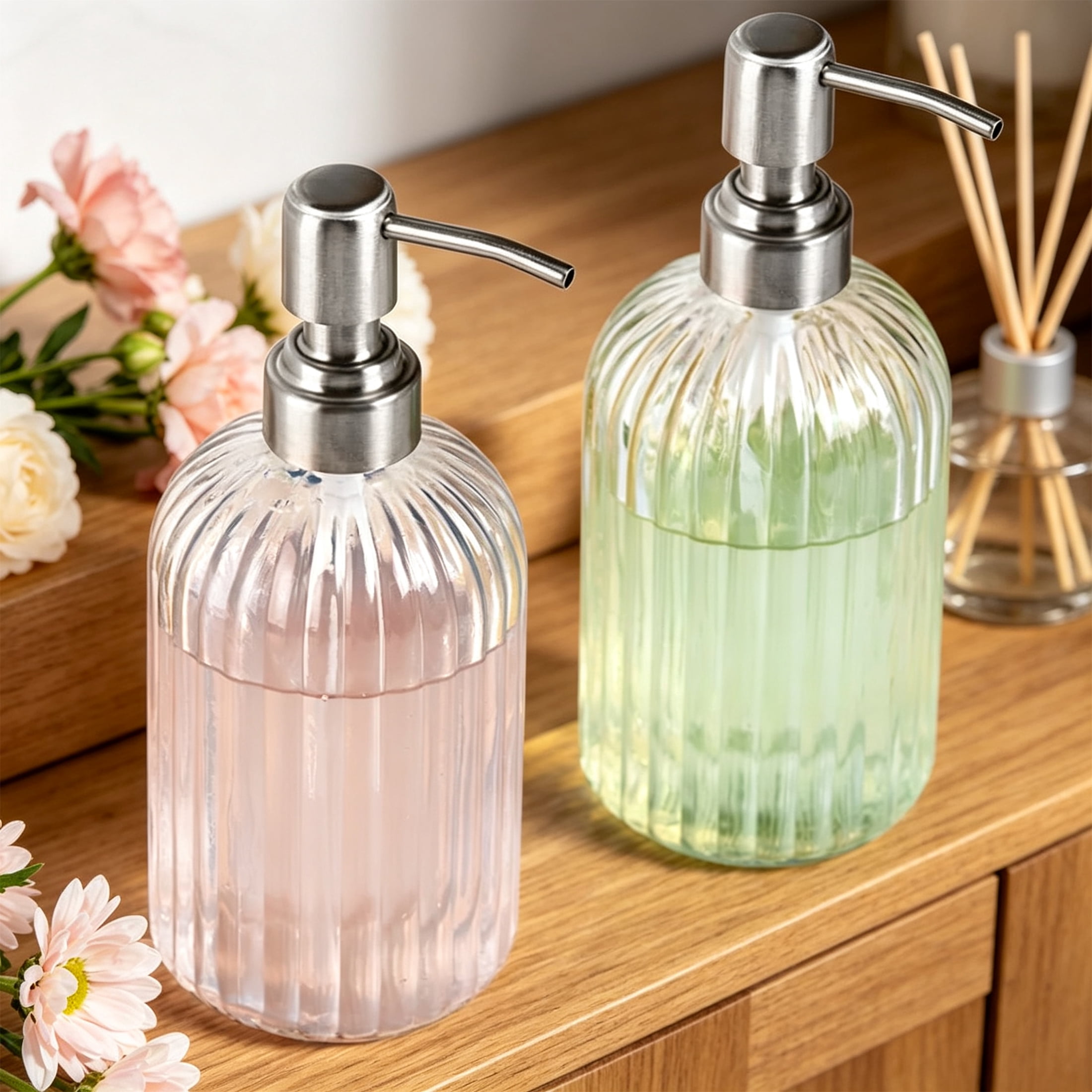 2 Pack Glass Hand Soap Dispenser, Refillable Glass Soap Dispenser with Stainless Steel Pump & Wooden Tag, Reusable Liquid Lotion Dish Soap Dispenser for Bathroom Kitchen Sink