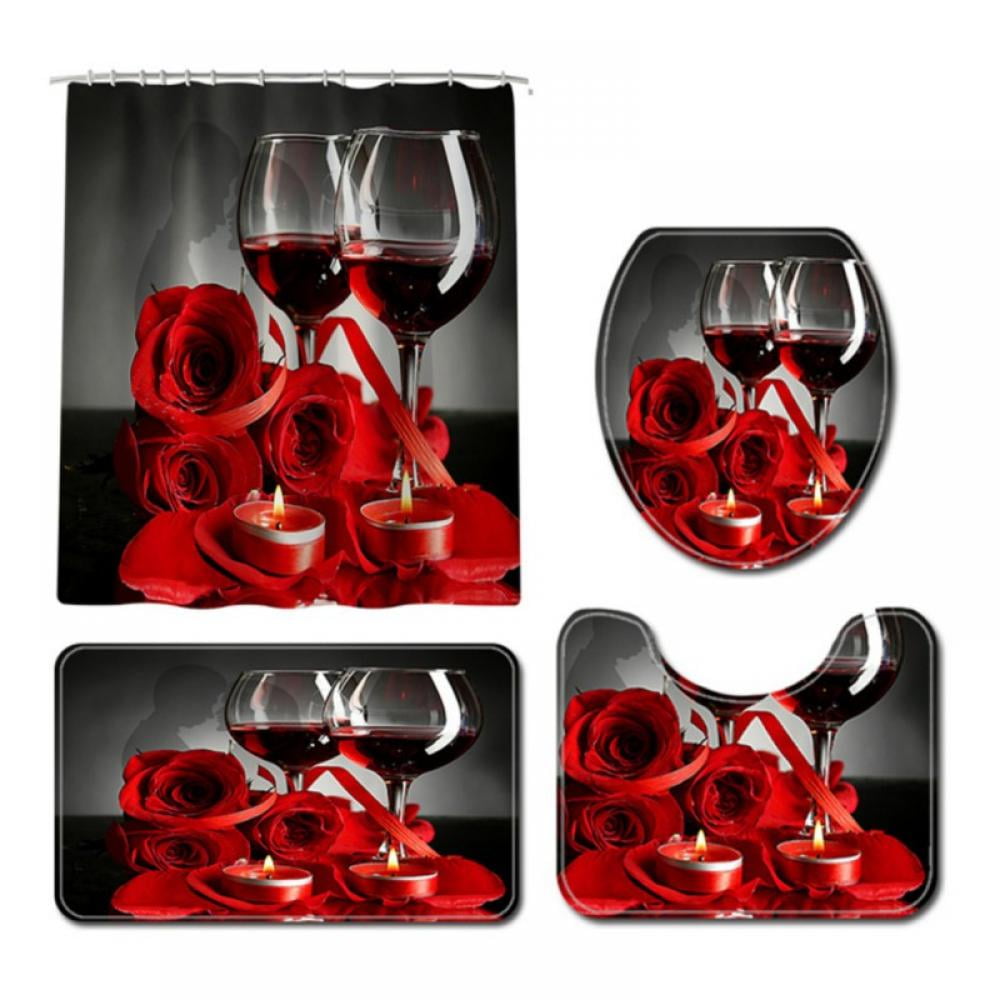 Red wine and red rose Bathroom Decor Shower Curtain Fabric & 12Hooks 71x71inches 