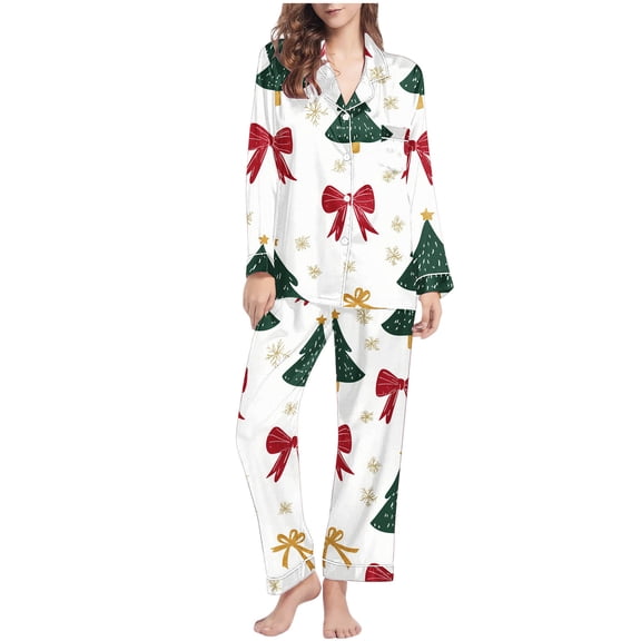 qelini Womens Plus Size Pajama Sets Bow Print Lapel Long Sleeve Shirt and Pant with Pocket Loungewear Soft Fancy Sleepwear