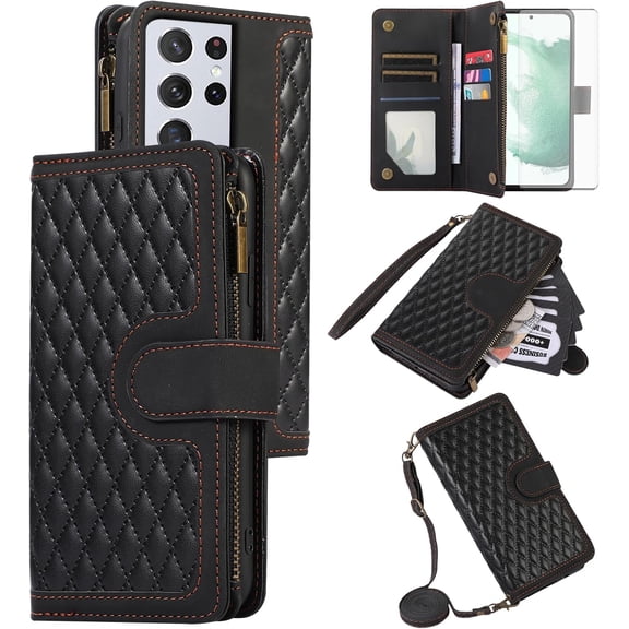 Phone Case for Samsung Galaxy S21 Ultra 5G Wallet Cover With Tempered Glass Screen Protector and Wrist Strap Leather Flip Zipper Card Holder Cell S21ultra 21S S 21 21ultra G5 Women Girls Black