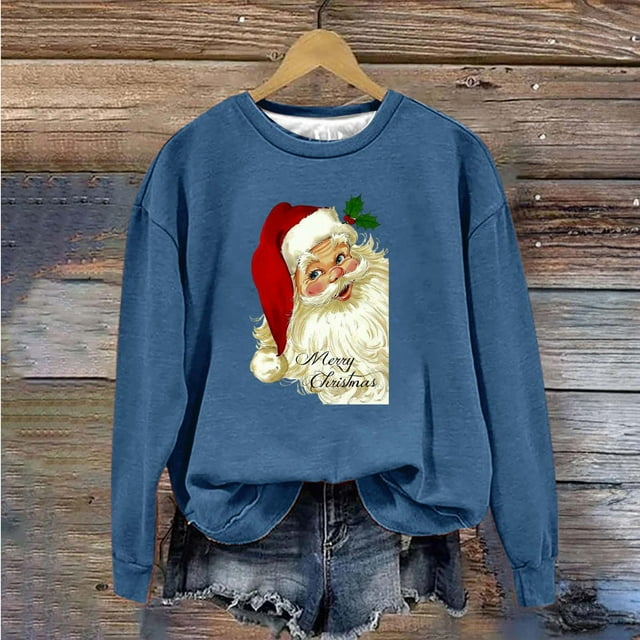 EGNMCR Chandail en Molleton de Noël pour Femmes Col Rond Manches Longues Mode Imprimé Sans Capuche