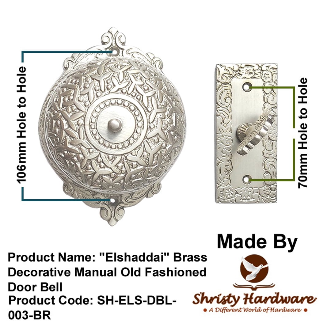 Shristy Hardware "Elshaddai" Brass Manual Old Fashioned Door Bell – Vintage Twist Bell with Key Plate – Mechanical Doorbell for Home – (Pack of 1 Satin Nickel Finish)