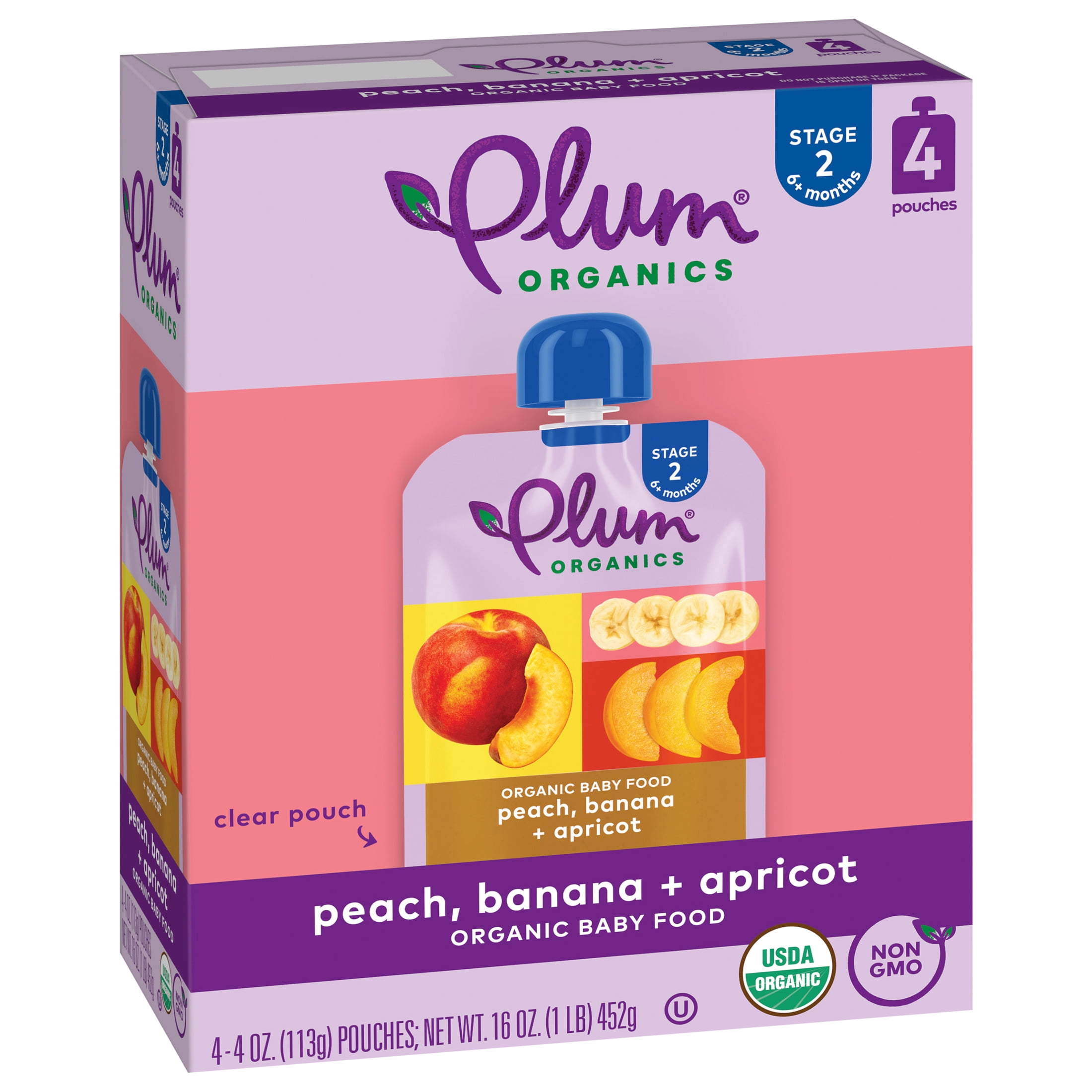 Plum Organics Stage 2 Organic Baby Food Peach, Banana and Apricot 4oz Pouch-4-Pack