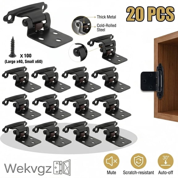 Wekvgz 20pcs Door Cupboard Overlay Cabinet Hinges 1/2" Self Closing Flush Mount Steel Sturdy Hardware Cabinet for Bathroom Office Kitchen Black