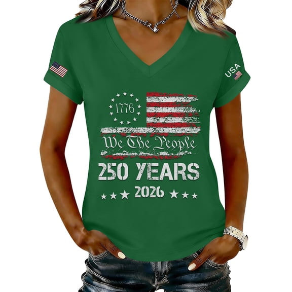 Women's 250th Anniversary USA Shirt Independence Day Top 4th of July Shirts America 250 Merchandise V Neck Flag Graphic Casual Tee