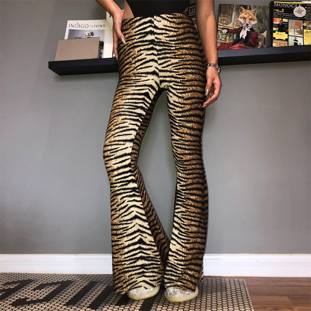 Women High Waist Flare Pants Leopard Plaid Wide Leg Bell Bottom