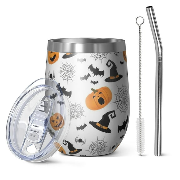 12oz Stemless Wine Tumblers Halloween Witch Hats Pumpkins and Spider Webs Vacuum Insulated Stainless Steel Travel Tumbler Cups Mug with Lid and Straw for Champaign,Cocktail,Beer with Cleaning Brush