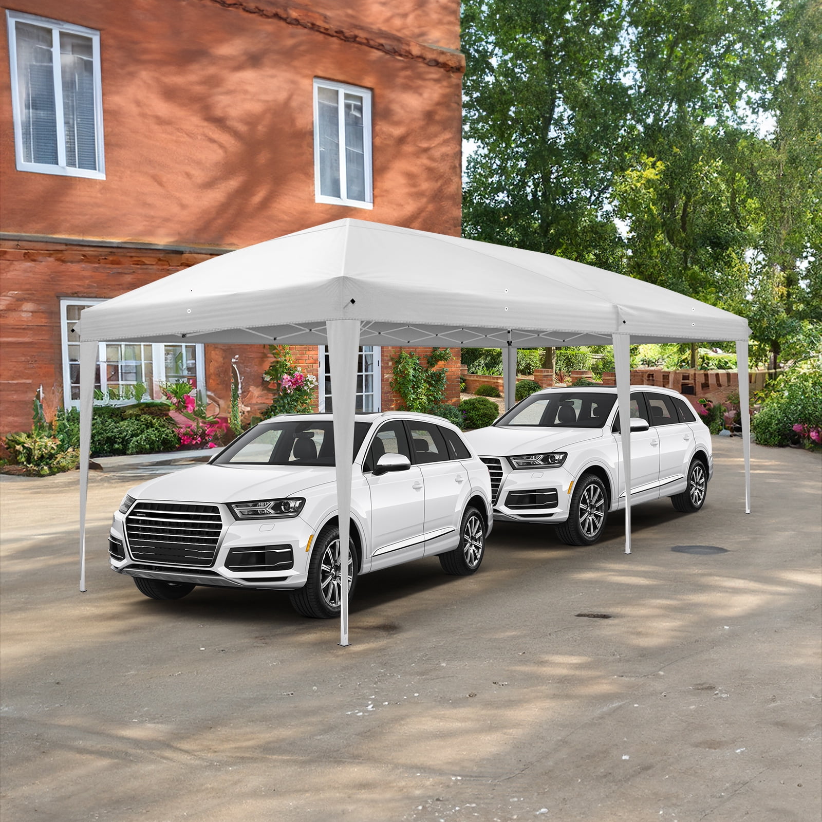10'x20' Instant Pop Up Canopy Tent White, No Sidewalls Design, 28/22mm Powder Coated Steel Frame, 10x20mm Crossbar, 210D Oxford Outdoor Folding Tent with Carry Bag, No Sandbags