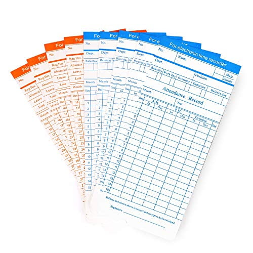 Flexzion Time Cards, Monthly Timesheet, Clock Timecard - 100 Pack, 6 Column 2-Sided Orange/Blue, Card for Time Punch Clock, Employee Attendance, Payroll Recorder, Small Business