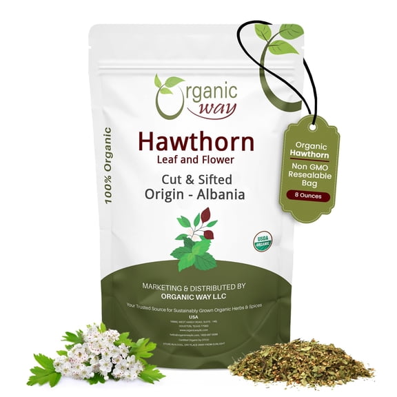Organic Way Hawthorn Leaf & Flower Cut & Sifted Herbal Tea, Crataegus monogyna, USDA Organic, Non-GMO, Gluten Free, 8 oz (1/2)