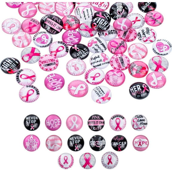 120pcs 30 Style Pink Awareness Ribbon Glass Cabochons 12mm Silk Ribbon Printed Picture Mosaic Tile