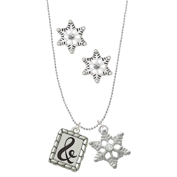 Delight Jewelry Silvertone Pebble Border Initial - & Silver tone Snowflake Charm Necklace and Stud Earrings