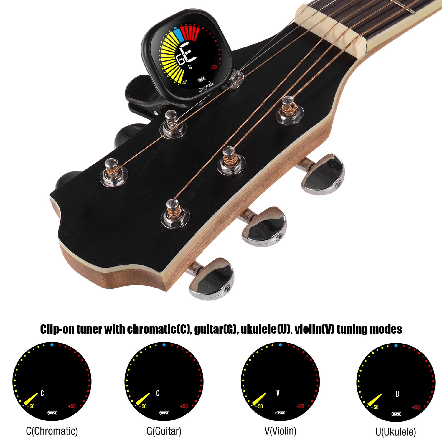 Sangmei WST-670 Rechargeable Clip-on Guitar Tuner LCD Color Display for Chromatic Guitar Ukulele Violin Built-in Battery with USB Charging Cable