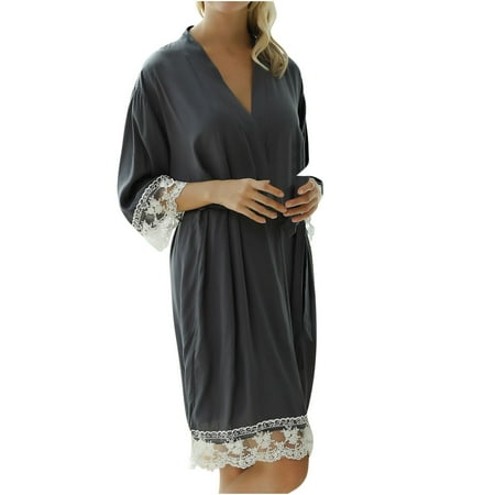 

APEXFWDT Womens 3/4 Sleeve Robe Soft Kimono Spa Long Bathrobe Lace-Trim Lightweight Loungewear