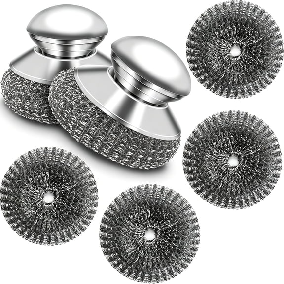 EXLEAF Stainless Steel Scrubber with Handle, Heavy Duty Steel Wool Scrubbers for Pots and Pans, Cast Iron, Steel Wool Scouring Pads for Stove, Oven, Grill, Kitchen, Sink Cleaning