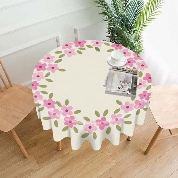 RKSupls 60 Inch Round Tablecloth, Pink Flower Wreath Premium Polyester Straight Edge Wrinkle Resistant Washable Table Cover for Party Home Dining Decor
