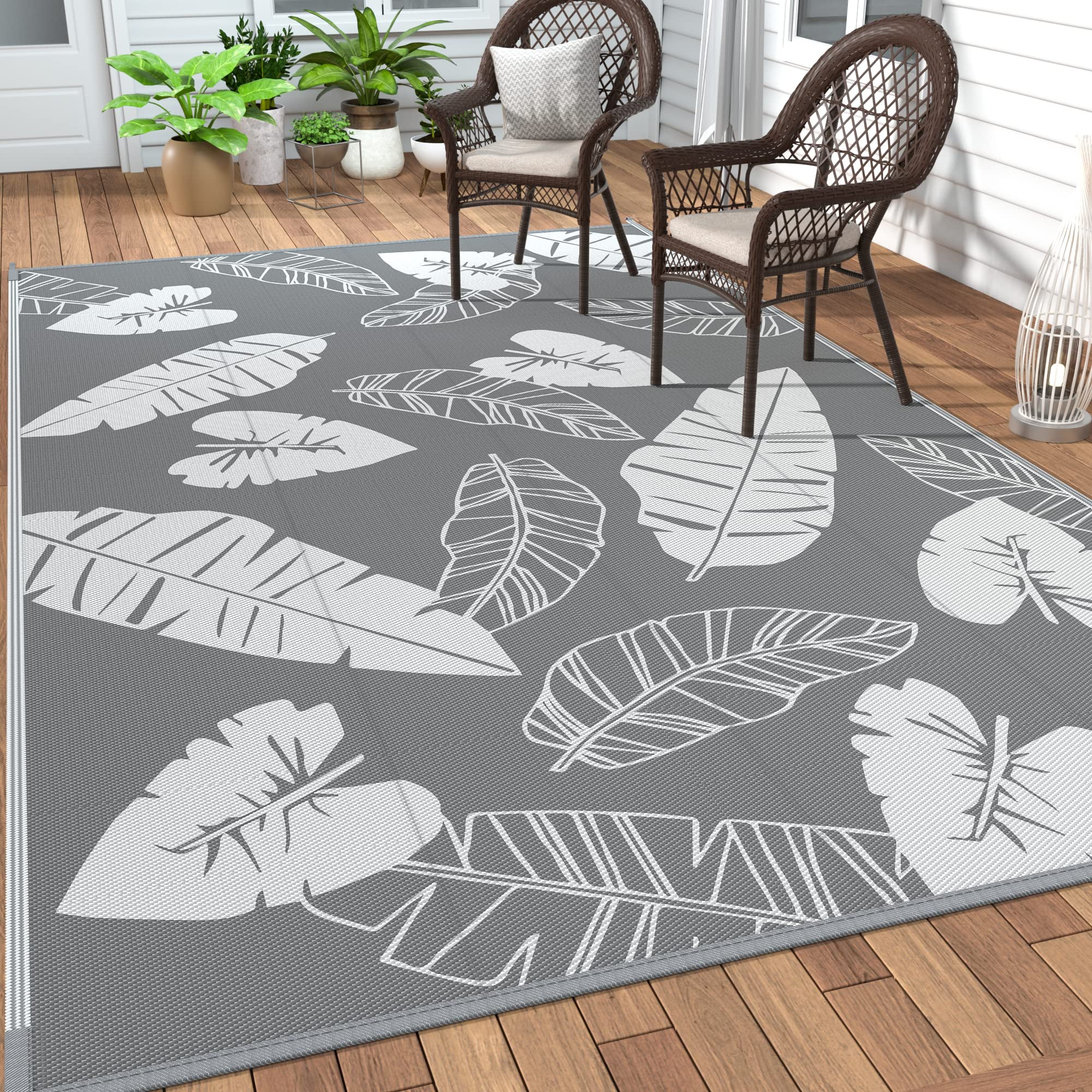 Waterproof Outdoor Rugs for RV Camping Rugs for Outside Your RV Patio Porch – Plastic Straw Rug – Durable Modern Area Rug Large Reversible Floor Mat by Funky Strokes 9' x 12', Black & White 