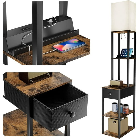 Floor lamp with 2 USB, 1 Outlet and Drawer, 3 Color Temperatures LED Bulb (9W), Sofa lamp with White lampshade, Display Floor lamp with Shelves for Living Room, Bedroom and Office