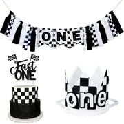 Race Car 1st Birthday Party Decorations - Fast One Cake Topper, High Chair Banner, Baby Crown, Black and White Checkered Racing Car 1st Birthday Decorations, Let's Go Racing Party Supplies