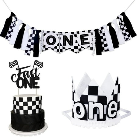 Race Car 1st Birthday Party Decorations - Fast One Cake Topper, High Chair Banner, Baby Crown, Black and White Checkered Racing Car 1st Birthday Decorations, Let's Go Racing Party Supplies