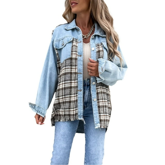 Veste en Jean Imitation Délavé à Manches Longues et Poches à Revers pour Femmes