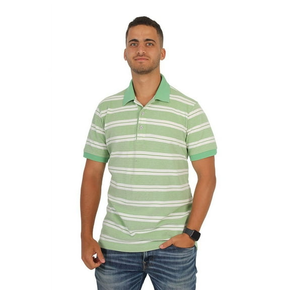 stripped green and white polo shirt