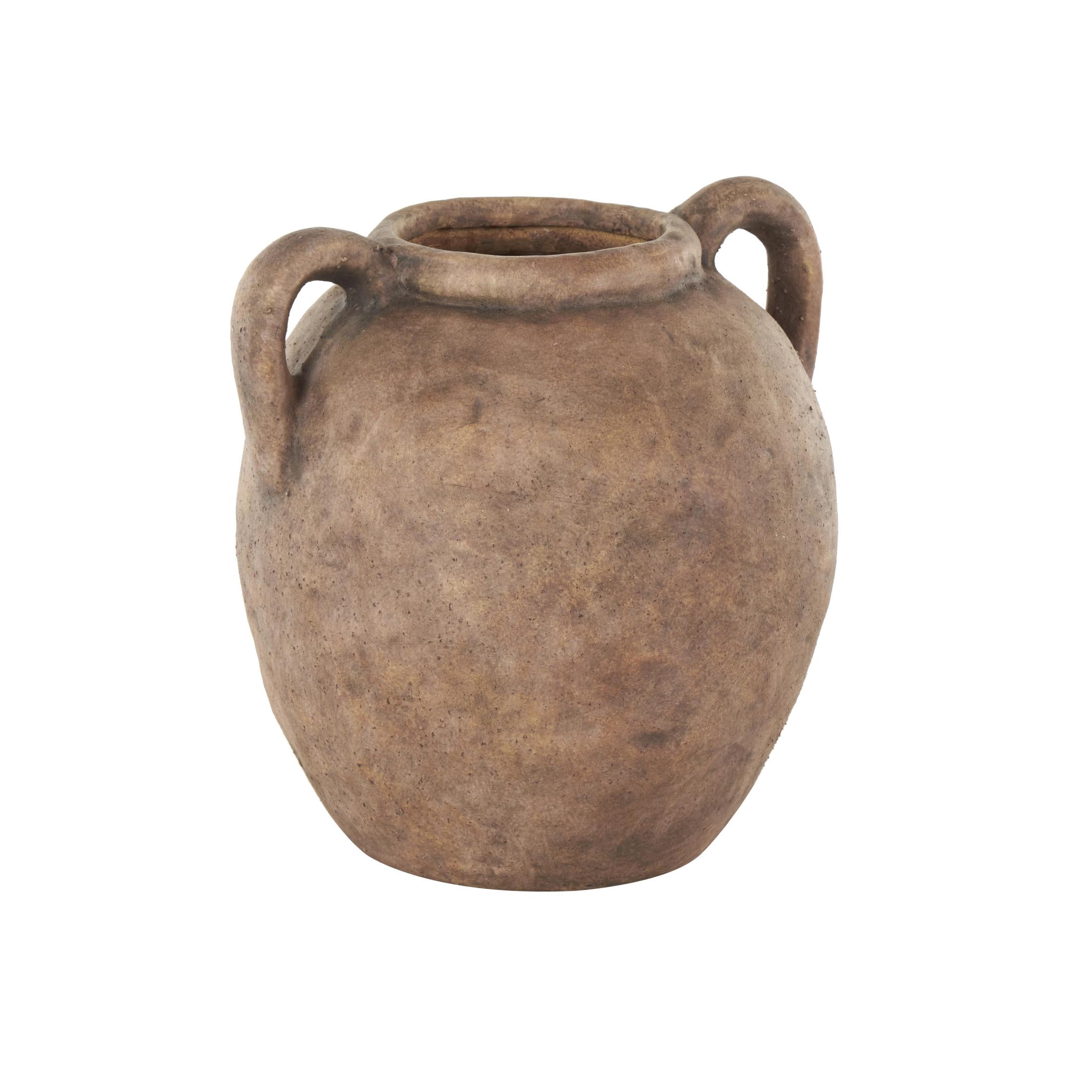 DecMode 10" Antique Style Textured Brown Ceramic Vase with Handles