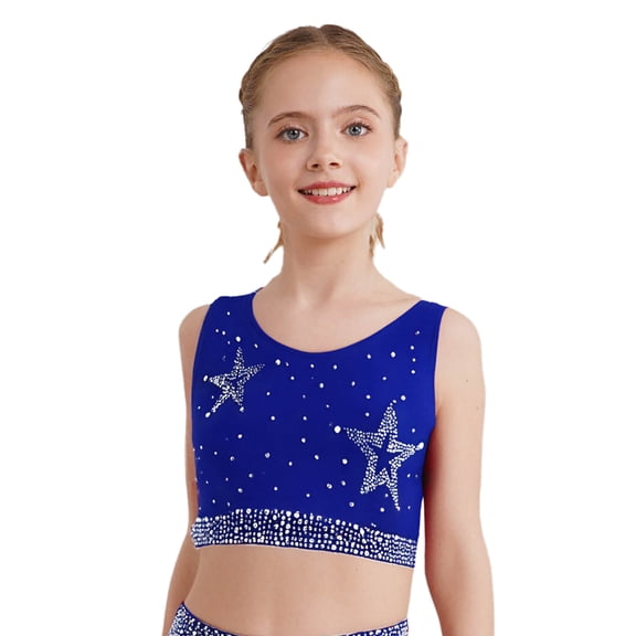 SiiRoh Girls Shiny Rhinestone Training Bra Criss Cross Back Ballet Dance Gymnastics Crop Tank Top Blue 14