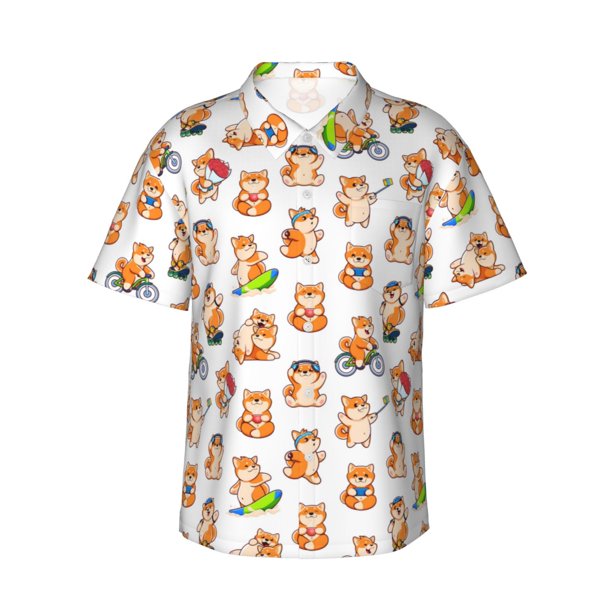 Balery Kawaii Shiba Dog Camisas hawaianas de manga corta para hombre, camisas playeras de corte holgado, camisas de vacaciones con botones,Small
