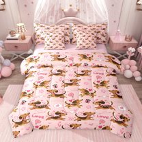 Castle Fairy Children Teenagers Adults Cartoon Dachshund Twin Bedding Sets 7-Piece,Pink Love Heart Print Bedding Comforter Set Microfiber,Cute Animal Dog Pet Breathable Sheet Sets