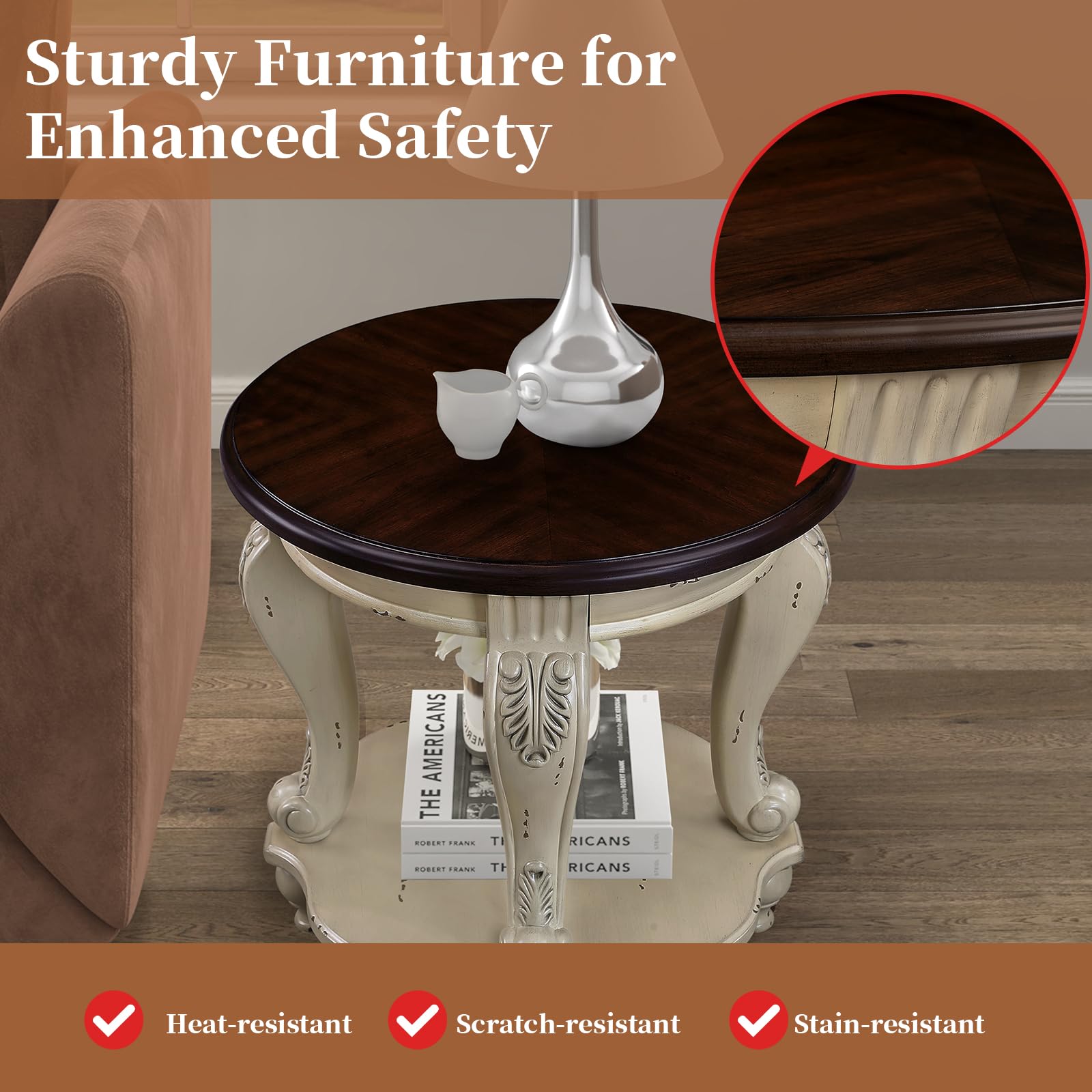 22" Two-Tone Round End Table - Solid Wood Side Table with Shelf & Carved Legs for Living Room, Vintage Style in Beige and Espresso