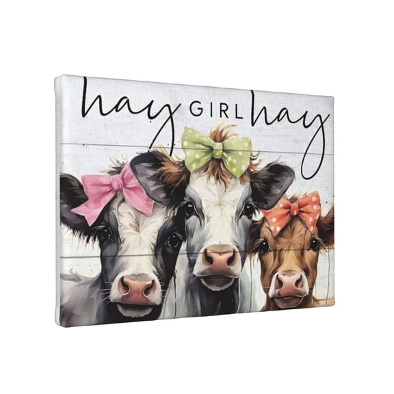 Hay Girl Hay Framed Canvas Wall Art, 20x16 Inch Rustic Farmhouse Cow Canvas Print Wall Decor, Funny Farm Animal Wall Painting for Living Room Bedroom Bathroom Kitchen Home Decor, Cow Lover Gift