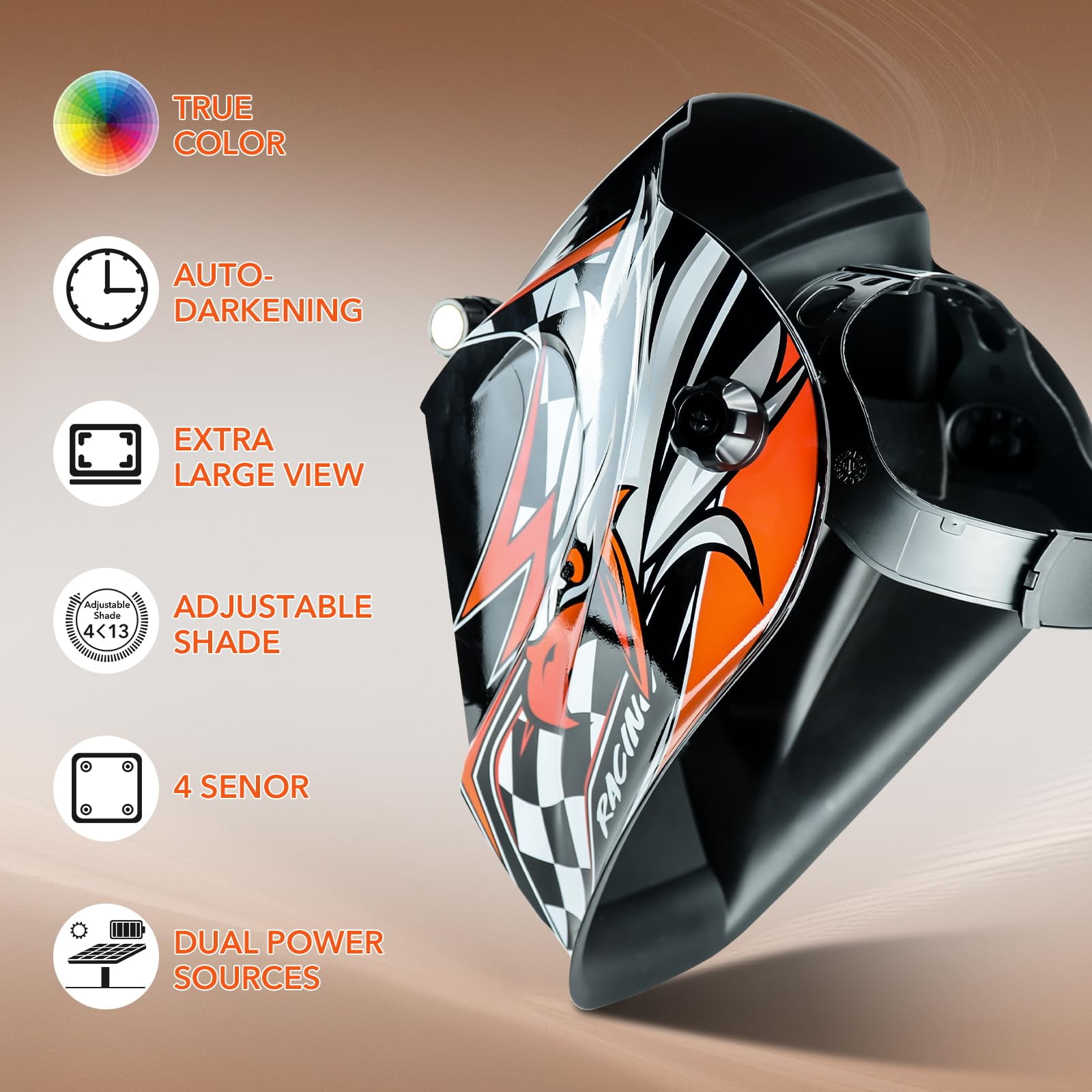 TRQWH Welding Helmet Auto Darkening Large Viewing True Color Solar Powered Welding Mask with 4 Arc Sensor Adjustable Wide Shade Range 4~5-8/9-13 Welder Mask with Grinding
