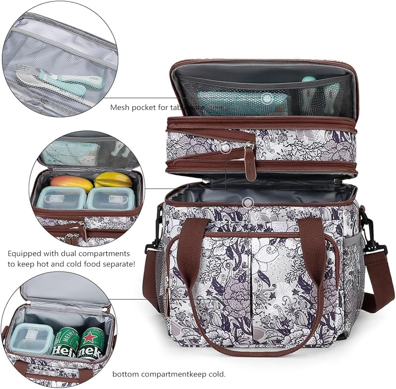 Lunch Bag Insulated Expandable Lunch Box for Women - Reusable Adults Floral Lunch Tote Bag Lunch Box for Office Work Picnic (Yellow Flower)