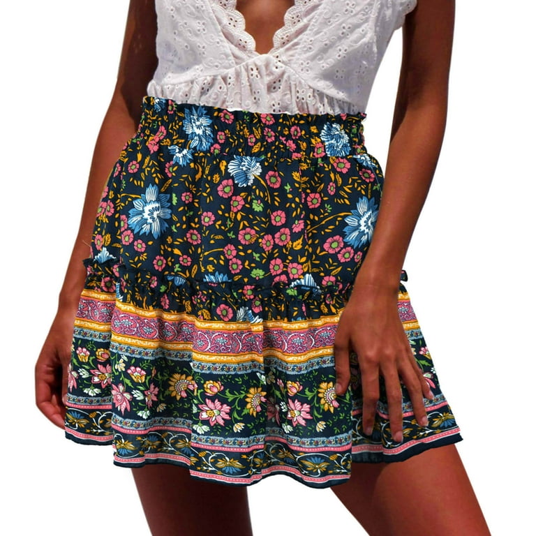 Women Skirts Summer Boho Floral Printed Vintage Drawstring High