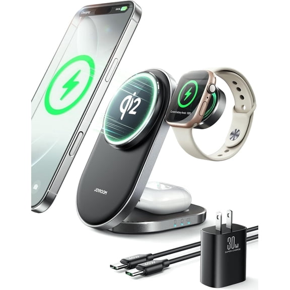 JOYROOM 3 in 1 Foldable Wireless Charger for Apple Devices, Qi2 Certified 15W Magnetic Fast Charging Station for MagSafe iPhone 17/16/15/14/13/12, Apple Watch, AirPods