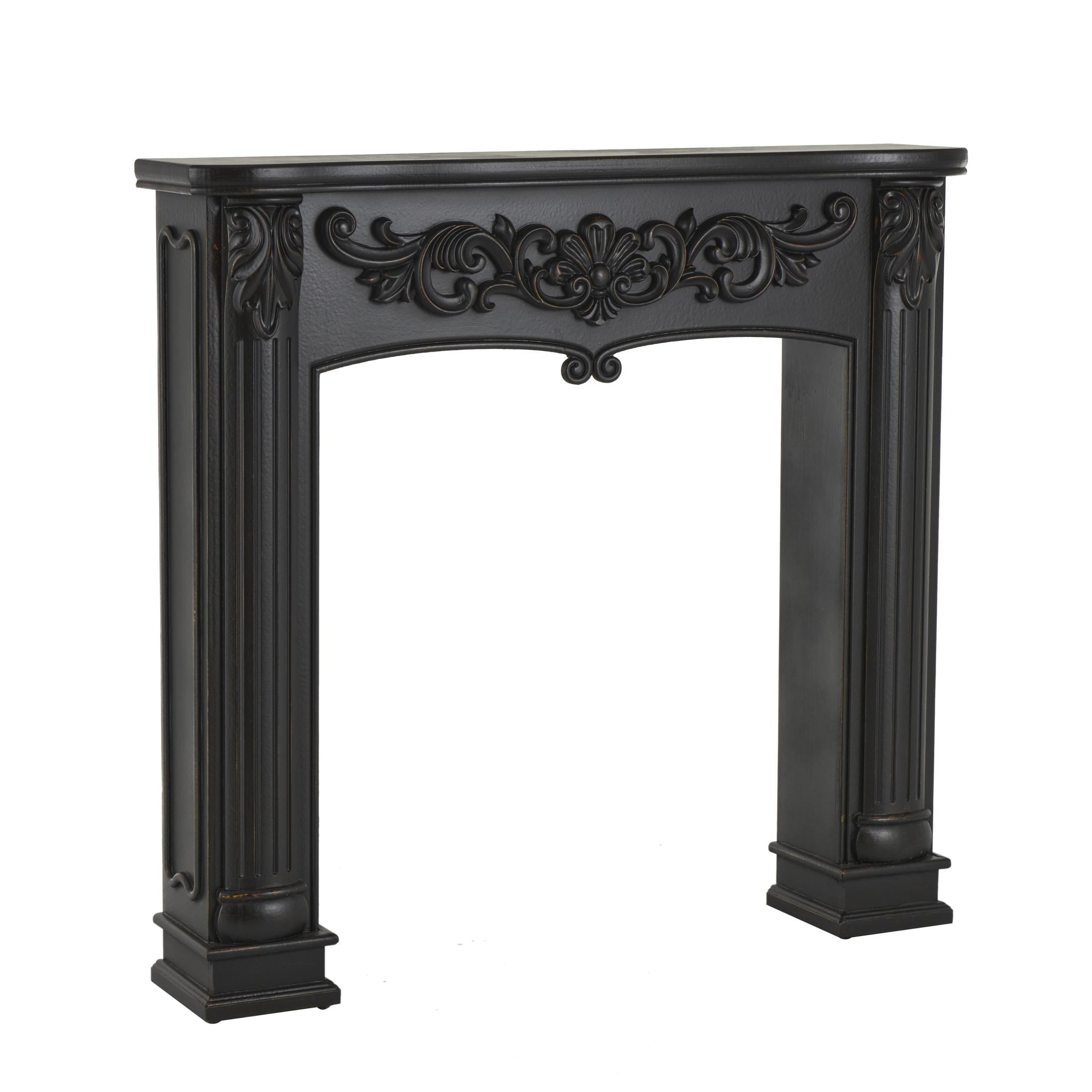 DecMode 45" x 43" Wooden Black Freestanding Scroll Surround Fireplace Mantle with Floral Accents