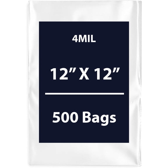 Clear Flat Poly Bags, 4Mil 12" X 12" & 500 Bags | Low-Density Polyethylene (LDPE), Flat Open Top Plastic Packaging Packing | Flexible and Durable Plastic Bags