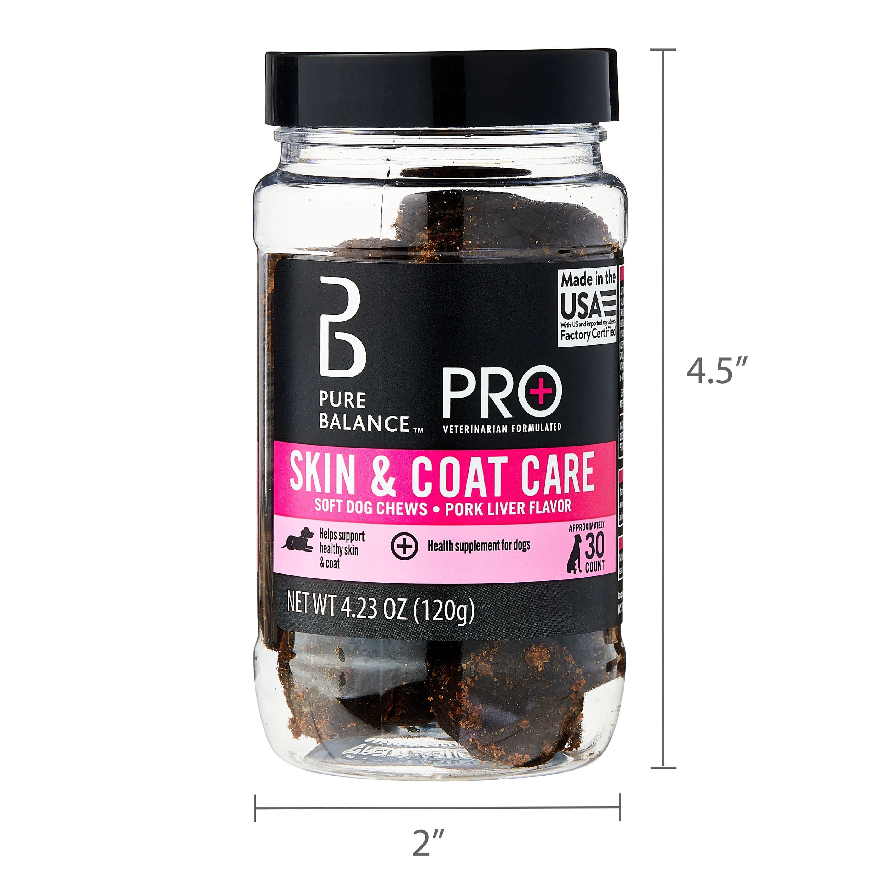 (3 pack) Pure Balance Pro+ Skin & Coat Care Dog Soft Chews, 4.23 oz, 30 Count