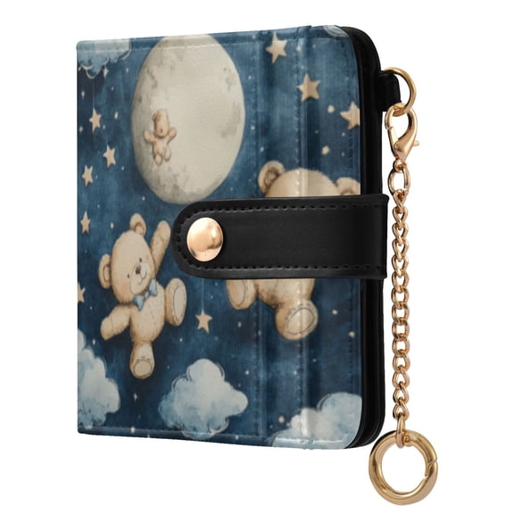 Qxltty Teddy Bear Night Sky Pattern Ladies Wallet Rfid Slim Thin Compact Credit Card Women Wallet Zipper Coin Pocket and ID Window for Female Gifts