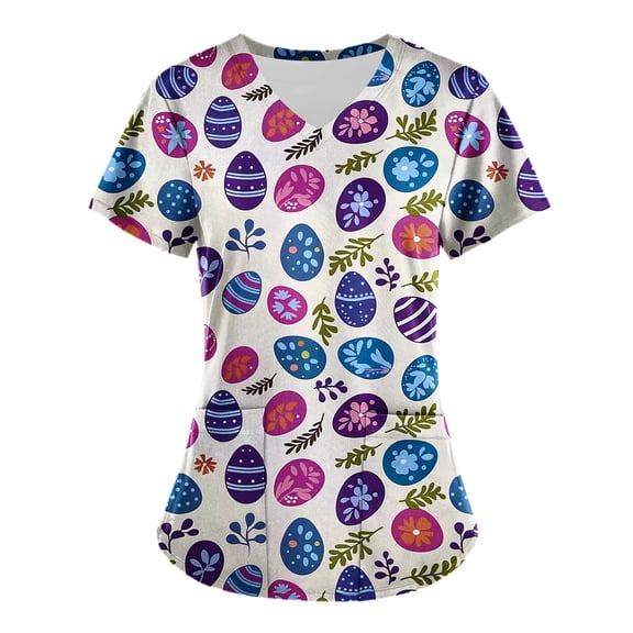 Jinhomg Womens Holiday Scrub Top Cute Easter Day Colored Eggs Graphic Tunic Blouse Casual Comfy Short Sleeve V-Neck Nursing Uniform Holiday Saving Multicolor M