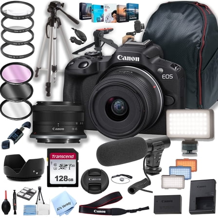 Canon EOS R50 Mirrorless Digital Camera with RF-S 18-45mm f/4.5-6.3 is STM Lens  128GB Memory   LED Video Light   Microphone   Back Pack   Steady Grip Pod   Tripod   Filters   Software   More