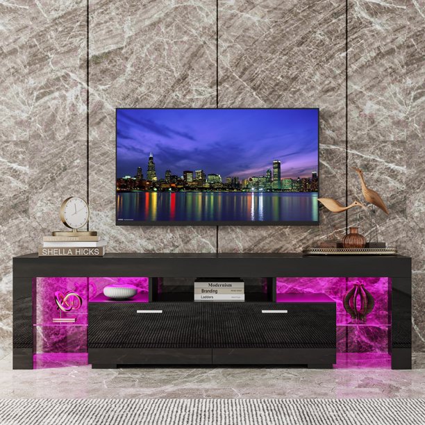 LANTRO JS High Gloss UV TV Led Lights Black TV Stand TV Bench