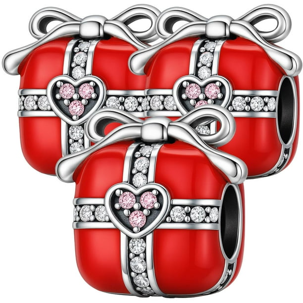 Charm corazón circonias XmasGift01 3 Piezas Plata S925 Chapa Separador Regalo Navideño Rojo/Plata/Rosa Caja Blanca 3x3cm.