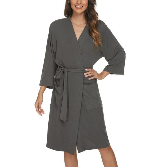 U2SKIIN Peignoirs pour Femmes, Peignoir Léger en Coton Manches 3/4 Tricoté Doux Vêtement de Nuit Tenue de Détente pour Dames,(Gris Foncé Chiné,2TG)