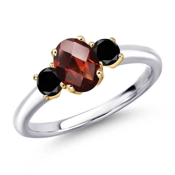 Gem Stone King 925 Silver and 10K Yellow Gold Red Garnet and Black Diamond Engagement Ring for Women | 1.34 Cttw | Oval Checkerboard 7X5MM | Gemstone January Birthstone | Size 9