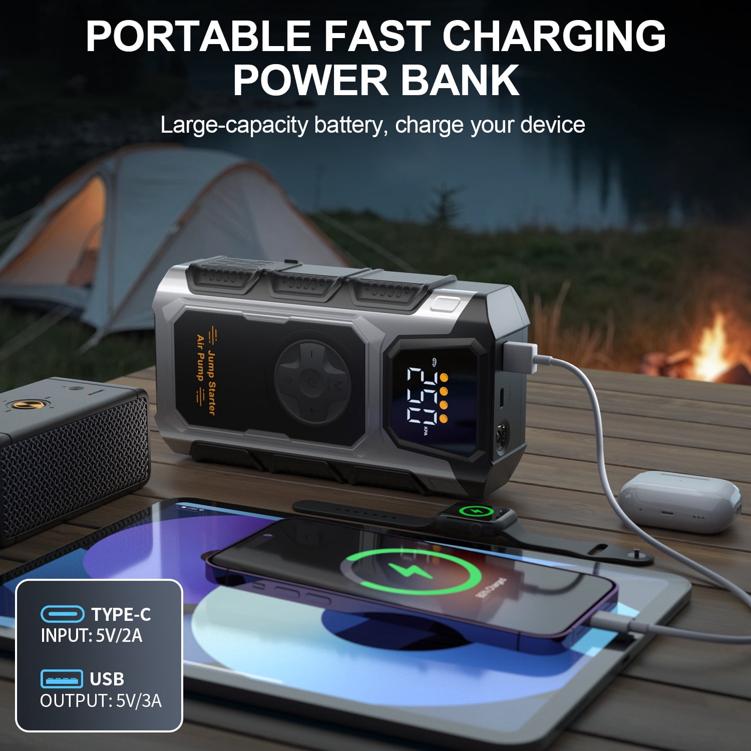 Pabulum 5000A Car Jump Starter with Air Compressor & Tire Inflator, 12V Portable Battery Booster Jump Pack for 9.0L Gas/7.5L Diesel, Jump Box Fast Charging, Power Bank, Emergency Light