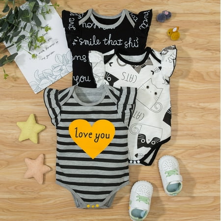 

Puloru Baby Rompers 3 Pcs Animal Letter Stripe Print Flying Sleeve Bodysuits