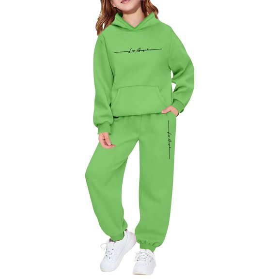 SGMVNU Girls Boys 2 Piece Outfits Sweatsuit Printed Casual Hoodies Long Sleeve Fashion Sweatshirts and Sweatpants Sportwear Outfit, Size 13-14 Years, Green